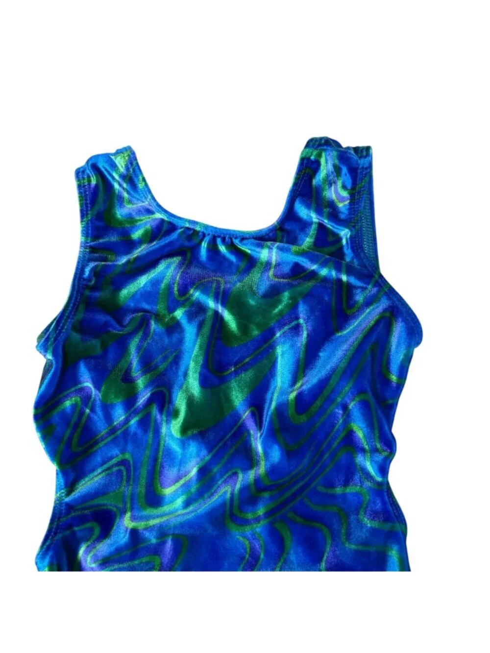 GK Velvet Leotard Gymnastics Blue Green Swirl Size Child Large